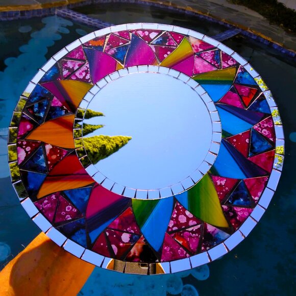 Inlaid Multi Colored Stained Glass Mosaic Handmade Round Wall Mirror - Picture 4 of 11